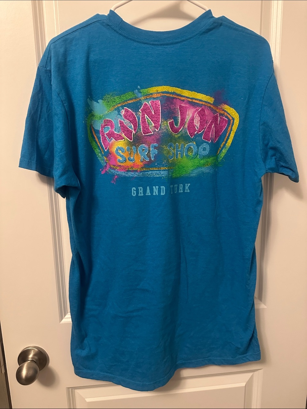 Ron Jon Turquoise Blue Tee with Pink Yellow Green Surf Graphic